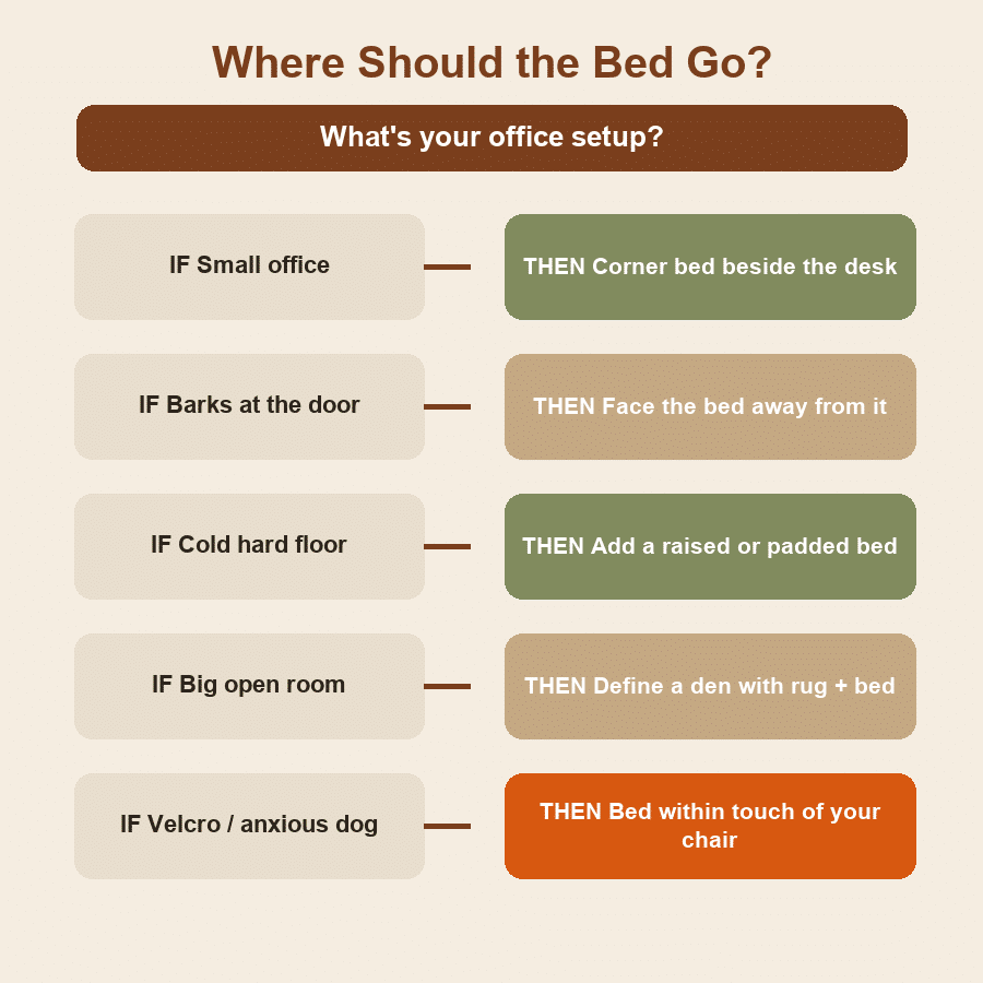 Decision guide matching your office setup to the best dog bed spot.