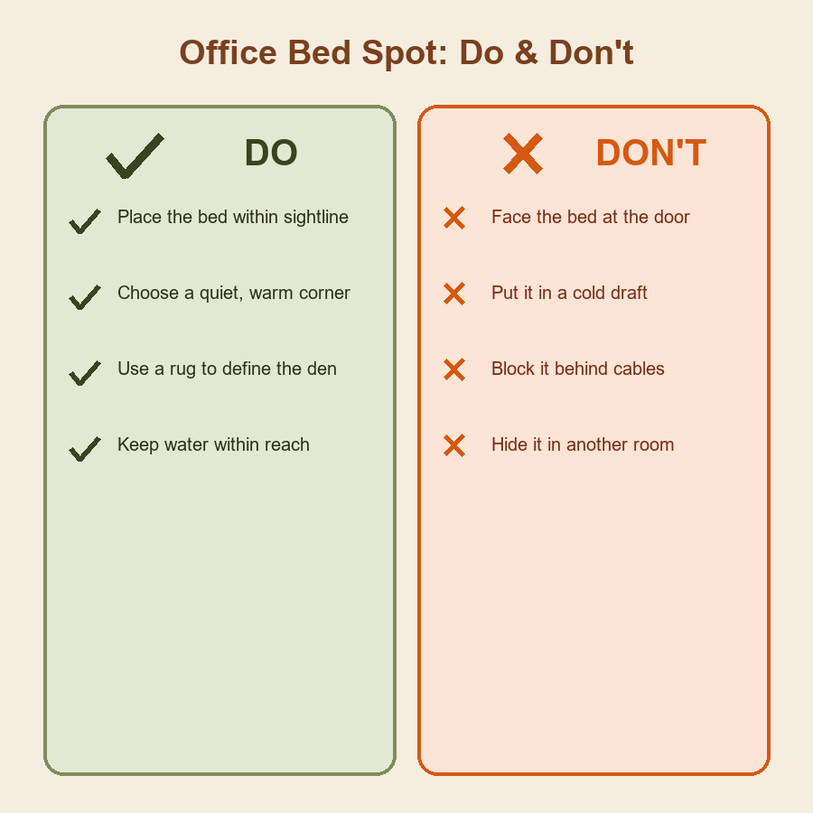 Two-column do and don't chart for placing a dog bed in a home office.