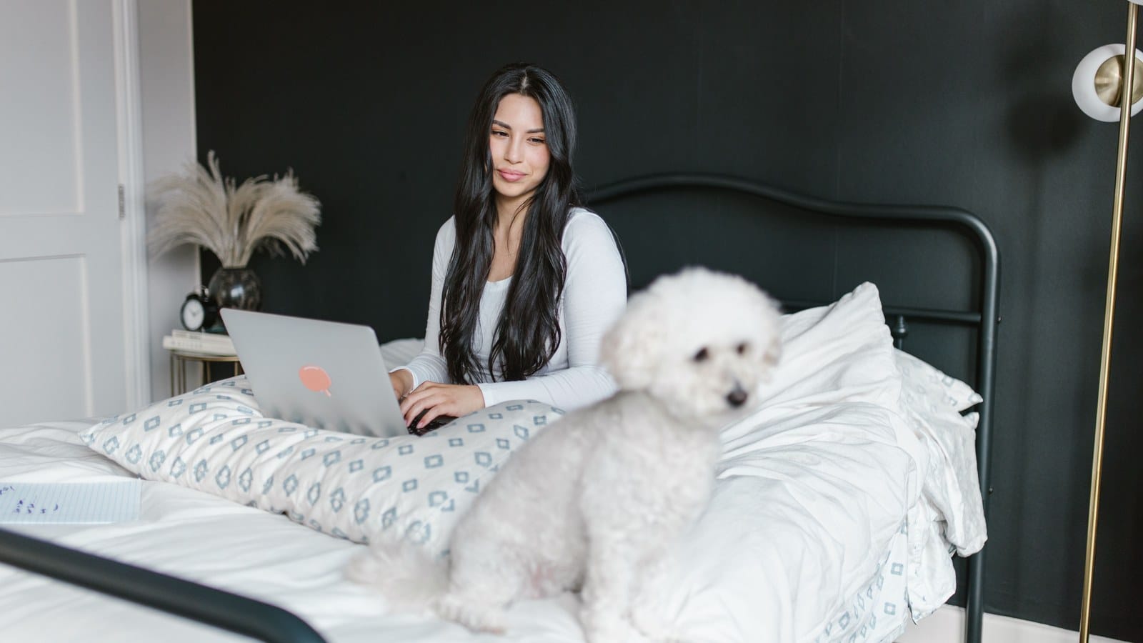 A woman working from a home office with her dog settled comfortably nearby.