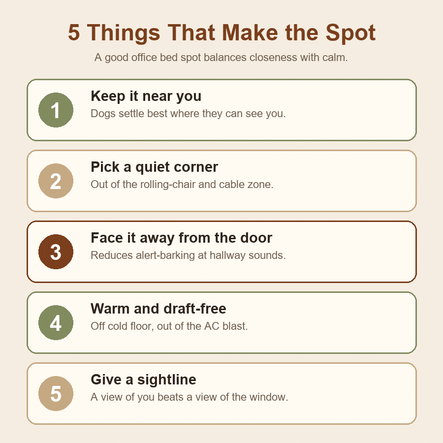 Five things that make the spot: keep it near you, a quiet corner, faced away from the door, warm and draft-free, with a sightline to you.
