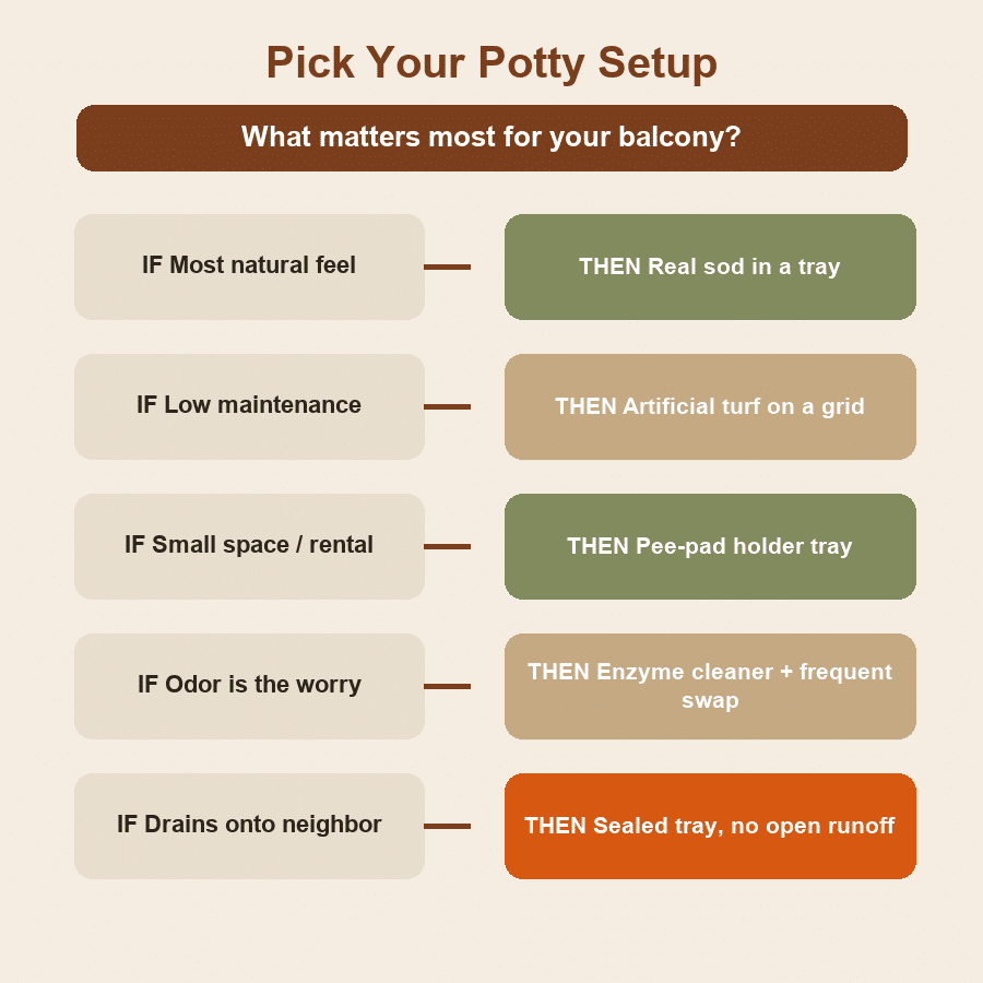 Decision guide matching what matters most to the best balcony potty setup, from natural feel to odor control.