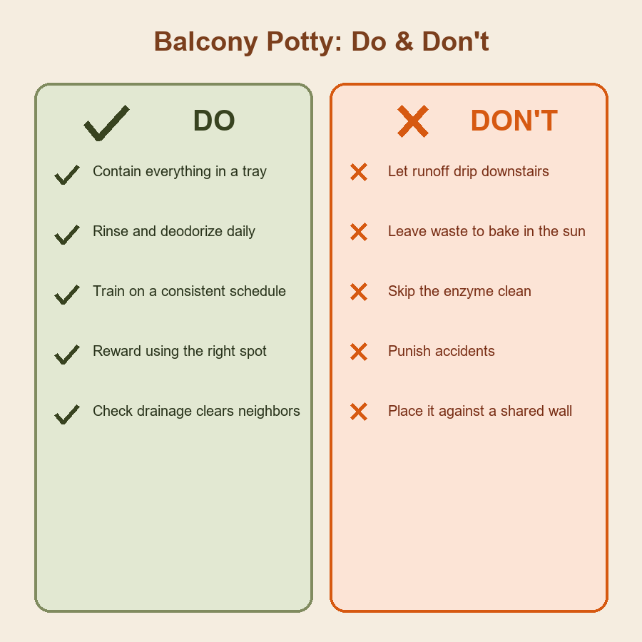 Two-column do and don't chart for a dog potty area on a balcony.
