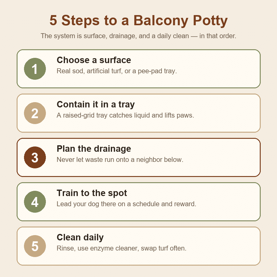 Five steps to a balcony potty: choose a surface, contain it in a tray, plan the drainage, train to the spot, clean daily.