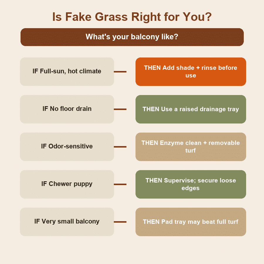 Decision guide matching your balcony to whether fake grass is right, from full-sun heat to small spaces.