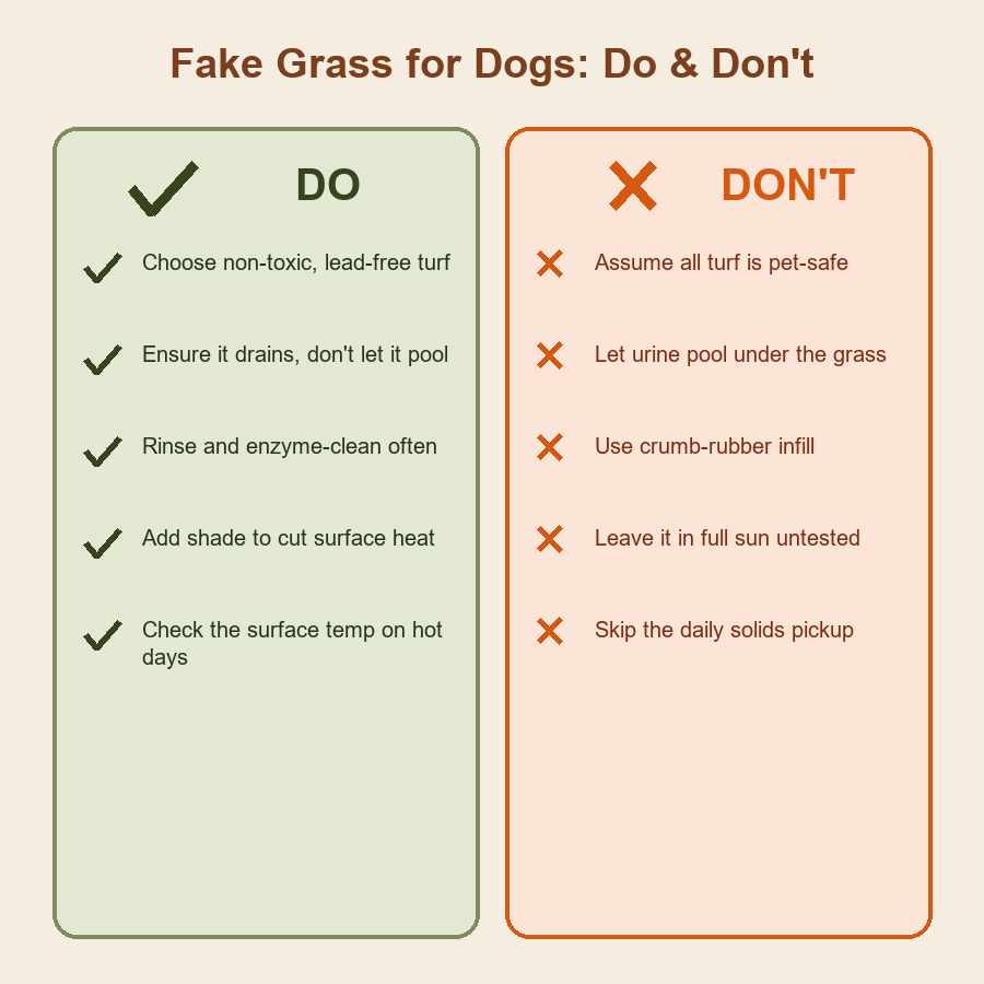 Two-column do and don't chart for using fake grass for dogs on a balcony.