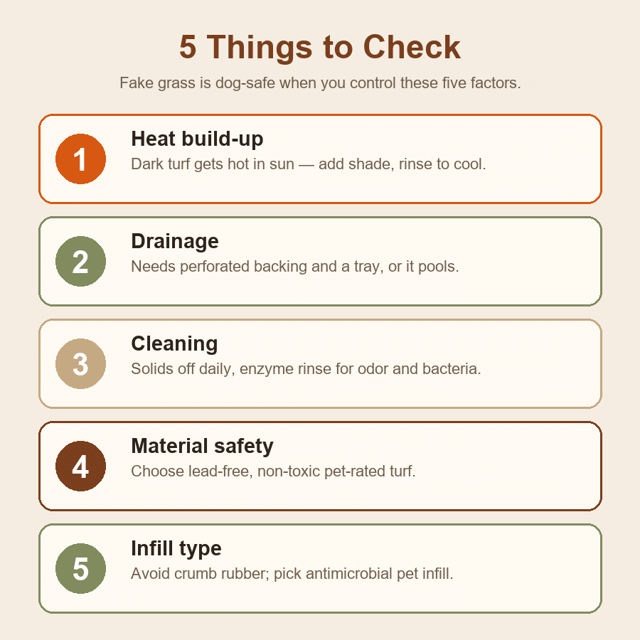 Five things to check: heat build-up, drainage, cleaning, material safety, and infill type.