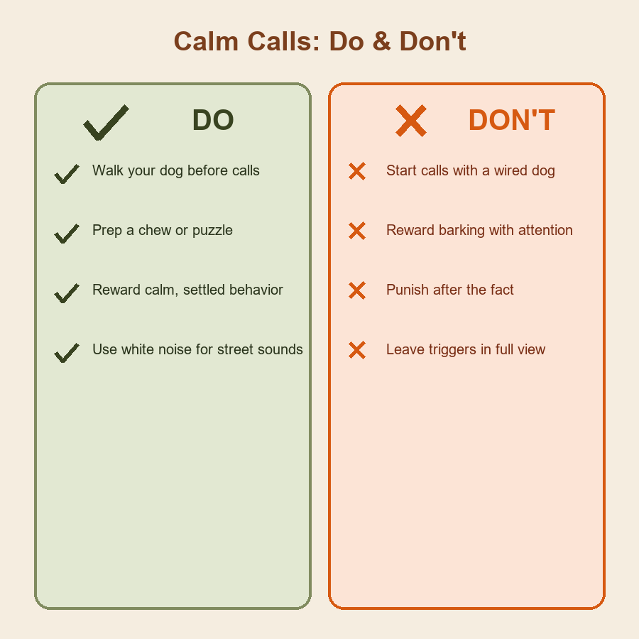 Two-column do and don't chart for keeping a dog calm during video and phone calls.