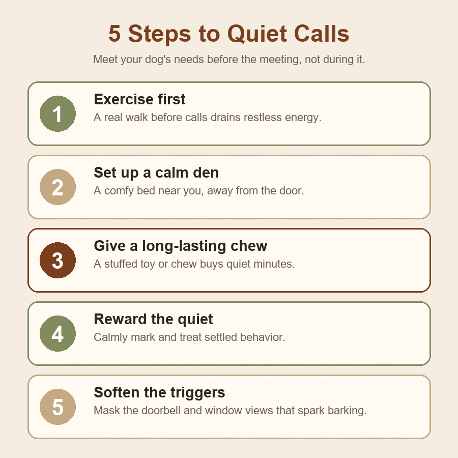 Five steps to quiet calls: exercise first, set up a calm den, give a long-lasting chew, reward the quiet, soften the triggers.