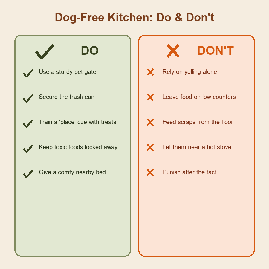 Two-column do and don't chart for keeping dogs out of the kitchen.