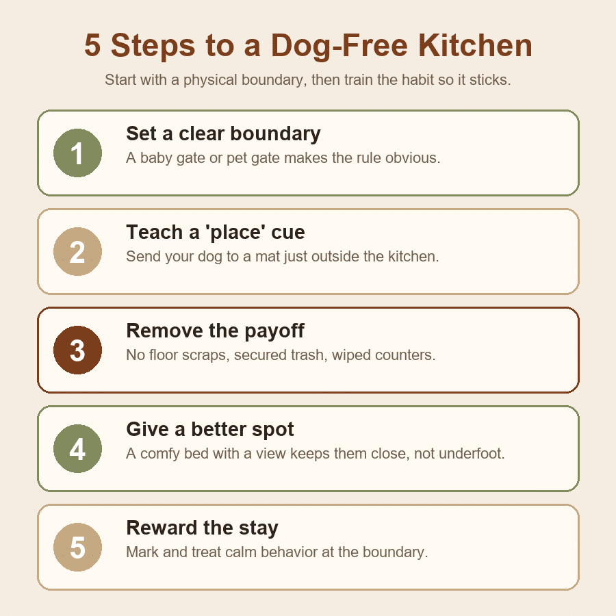 Five steps to a dog-free kitchen: set a boundary, teach a place cue, remove the payoff, give a better spot, reward the stay.