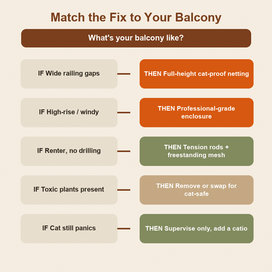 Decision guide matching your balcony type to the right cat-safety fix, from wide railing gaps to high-rise enclosure.
