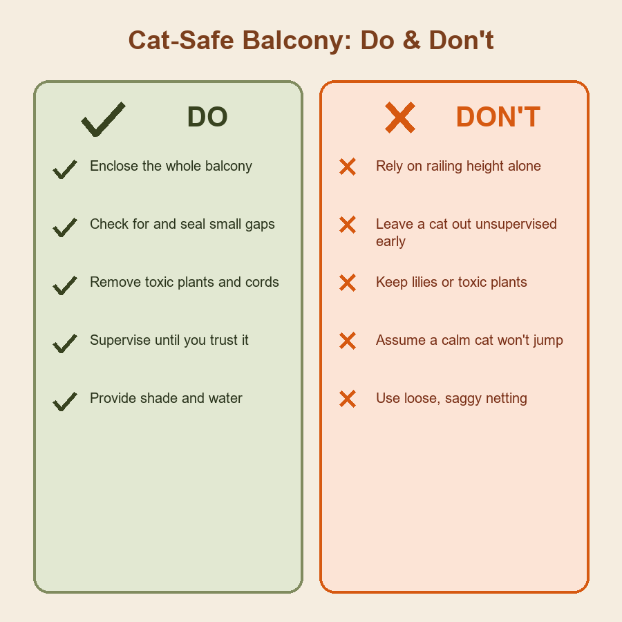 Two-column do and don't chart for making a balcony safe for cats.