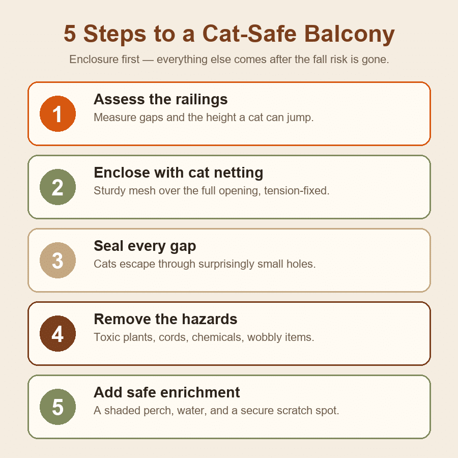 Five steps to a cat-safe balcony: assess the railings, enclose with cat netting, seal every gap, remove hazards, add safe enrichment.