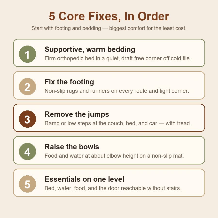 The five core senior-dog home fixes in order: supportive bedding, non-slip footing, ramps for access, raised bowls, and one-level layout