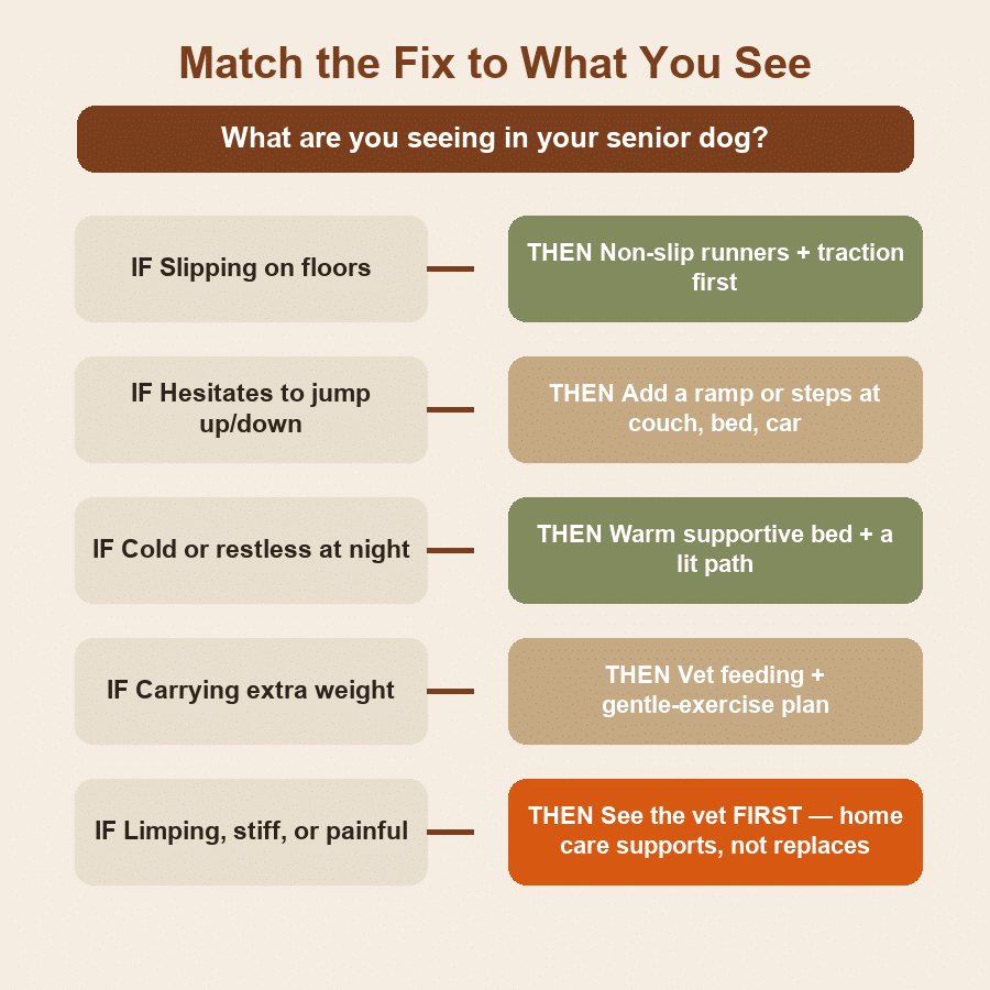 Senior-dog decision guide matching what you see to the right fix, from slipping on floors to limping or stiffness