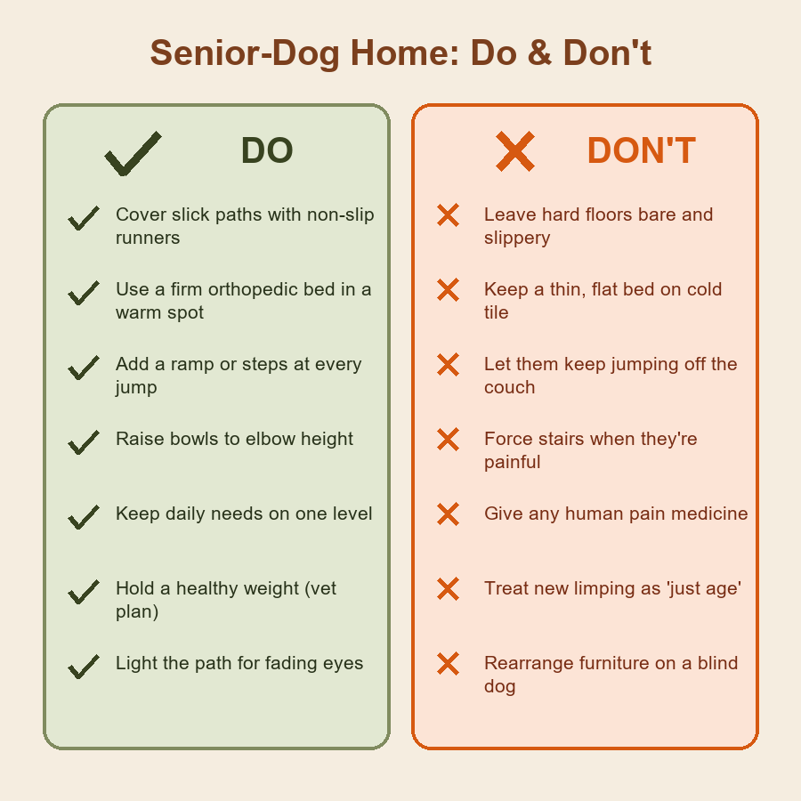 Senior-dog home do and don't chart: supportive bedding and non-slip floors versus bare slick floors and letting a stiff dog keep jumping