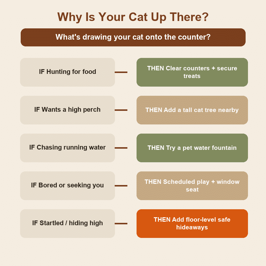 Decision guide matching why a cat jumps on the counter to the right fix, from hunting food to seeking height.
