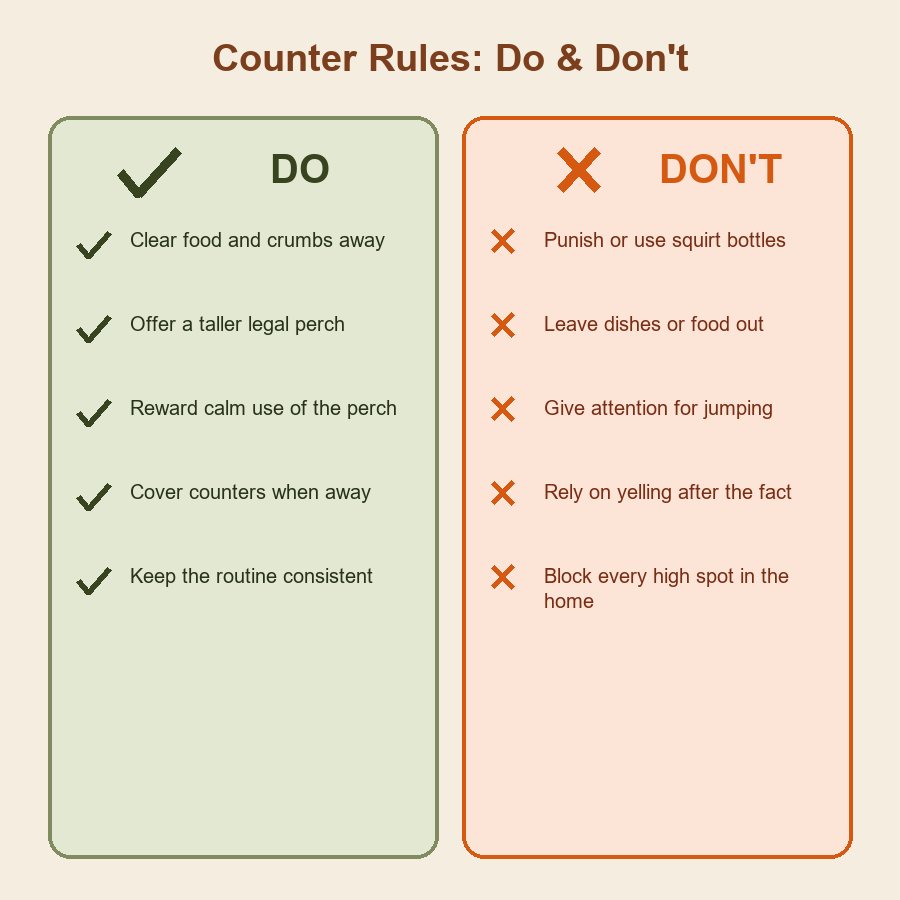 Two-column do and don't chart for keeping cats off kitchen counters.