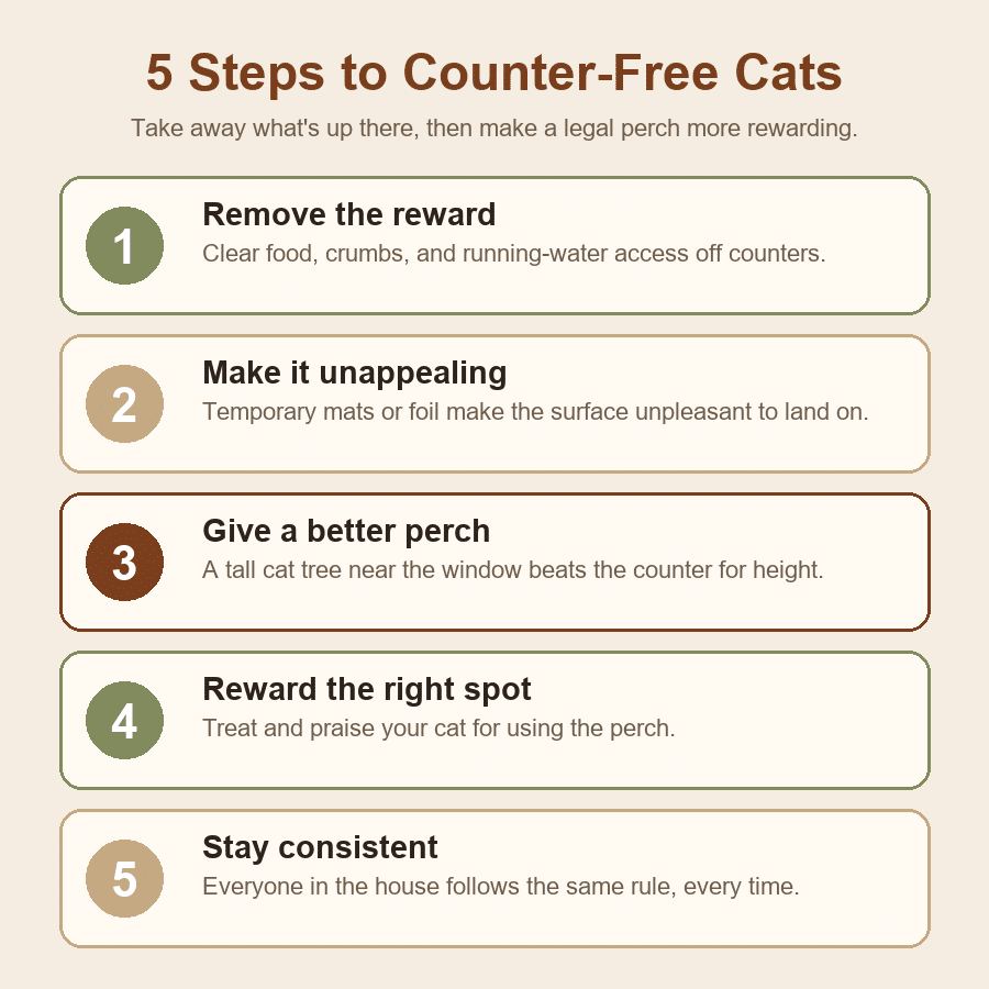 Five steps to counter-free cats: remove the reward, make it unappealing, give a better perch, reward the right spot, stay consistent.
