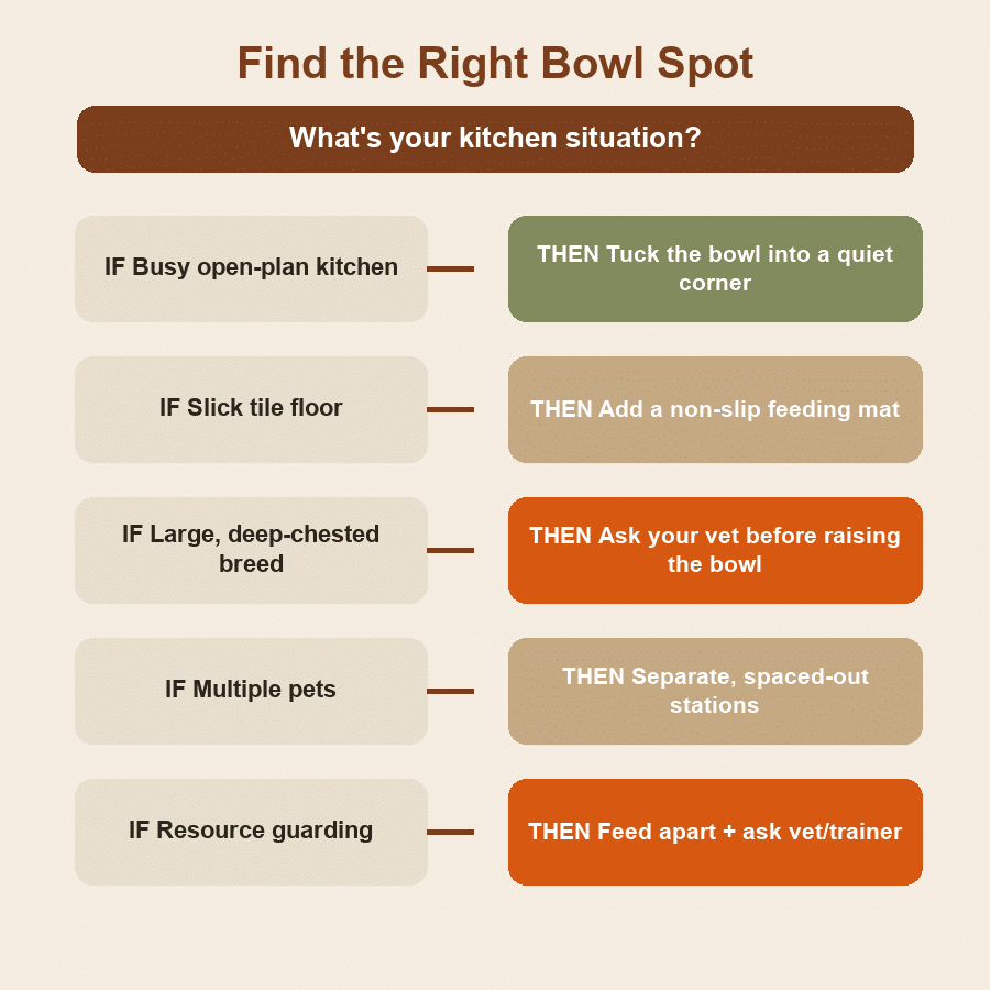 Decision guide matching your kitchen situation to the best dog bowl placement, including asking your vet before raising the bowl for a large, deep-chested breed.