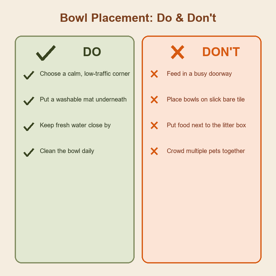 Two-column do and don't chart for dog food bowl placement in the kitchen.
