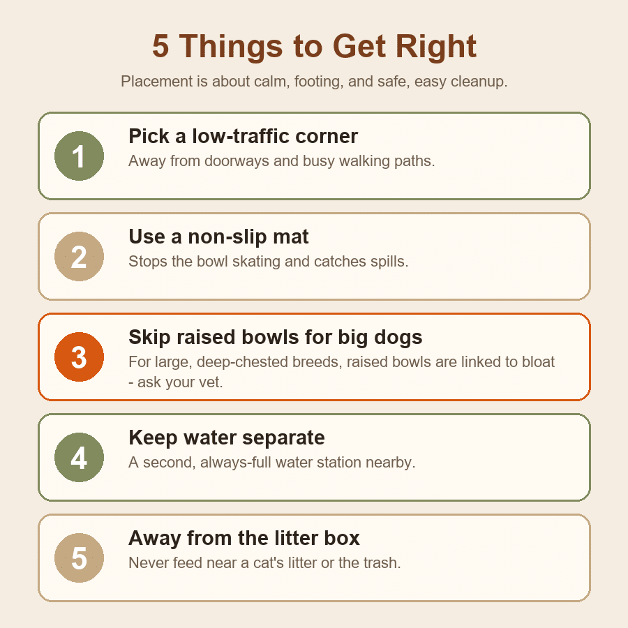 Five placement tips: a low-traffic corner, a non-slip mat, skipping raised bowls for large deep-chested dogs, a separate water station, and keeping food away from the litter box.